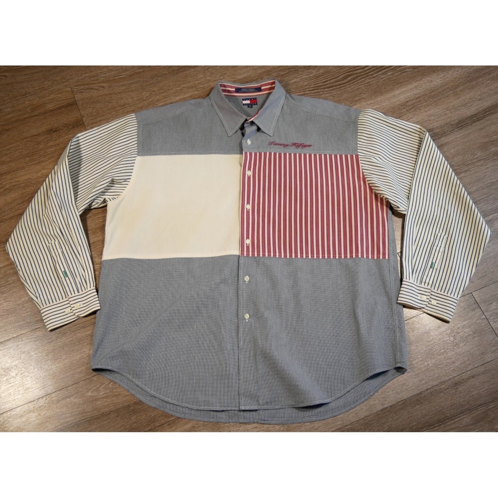 Tommy Hilfiger Vintage Colorblock Striped Button Down Shirt Mens XXL Blue Red